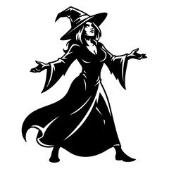 Witch with Pointed Hat and Flowing Robe Silhouette Vector Logo - Classic Halloween Character
