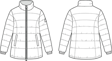 Puffer jacket technical flat sketch with front and back views, zipper closure, side pockets, high collar, and winter wear design © rayhan039