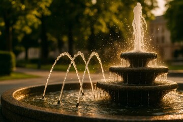 Water fountain splashing in a park during golden hour