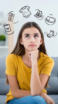 Young girl with an expressive contemplation face thinking about shopping, what to buy. Thought simple icons are around her head, shopping items like clothes, shoes accessories.