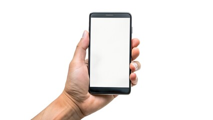 Hand holding a smartphone with a blank screen isolated on white background
