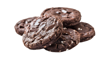 A stack of chocolate chip cookies. The cookies are piled on top of each other. The cookies are brown and have chocolate chips