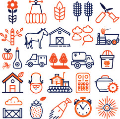 Fototapeta premium Agriculture and Farming Icons with Farm Animals, Crops, and Equipment vector illustration