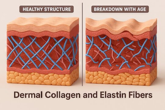 Dermal collagen and elastin fibers, comparison of healthy and aged skin structures. concept of aging, skin health, dermatology analysis, scientific illustration