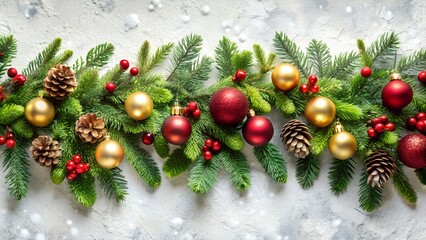 Festive christmas garland with ornaments and pinecones on a textured background