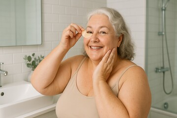 Elderly plus size woman enjoying skincare routine in a bright bathroom setting. concept of self-care, skincare ritual, healthy aging, under eye patch