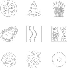 Landscape Elements Outline Vector Set, Trees Grass River Top View Collection
