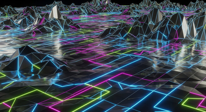 Futuristic digital landscape with glowing neon lines forming a grid over low-poly mountains against a black background.
