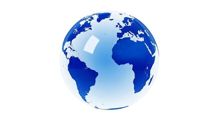 Fototapeta premium A glossy blue globe showing continents and oceans, isolated on a white background