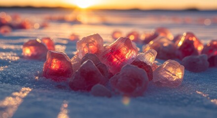 Frozen pink crystals on snow at sunrise