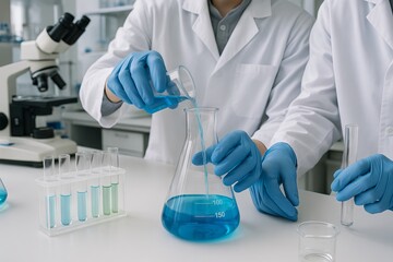 Fototapeta premium Students engaged in laboratory experiment measuring chemicals with blue liquid in flasks and tubes in scientific research setting. concept of science education, chemistry, experimentation