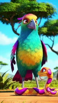 Animated Parrot and Snake Duo in a Sunny Outdoor Setting, Cartoon Style
