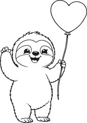 Happy Birthday Sloth Balloon Graphic Gift box Card Vector Line Art Illustration Coloring Page for kids and adults printable template tshirt printing
