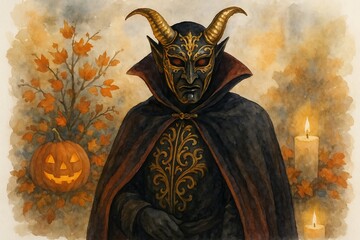 Fototapeta premium Venetian halloween demon with jack-o-lantern and candles illustration. concept of mysterious costume, dark fantasy art, halloween celebration decor