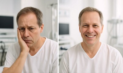 Before and after comparison of middle aged man in clinic showing recovery progress after successful treatment. Concept of patient improvement, health care outcome, medical support, healing process