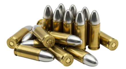 Isolated pile of shiny pistol bullets