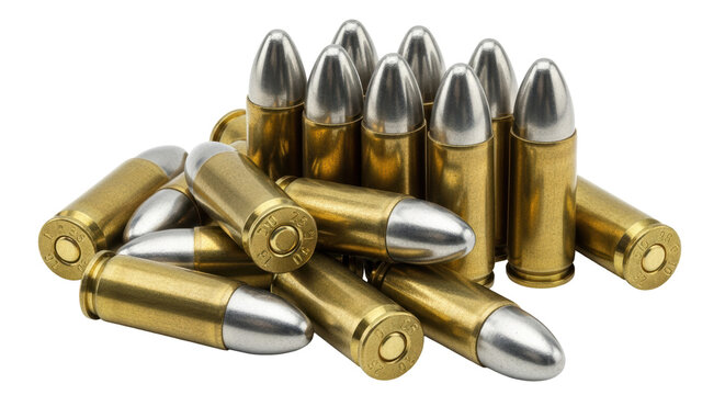 Isolated pile of shiny pistol bullets
