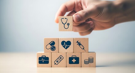 A hand stacks wooden blocks with medical symbols, representing healthcare insurance