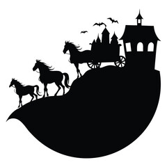Silhouette of horses pulling a carriage with a castle and bats