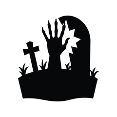 Zombie hand emerging from a grave with a broken tombstone and cross silhouette