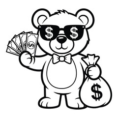 Cool Teddy Bear with Money Bags and Dollar Sign Sunglasses Outlined Illustration for Financial Concepts and Branding