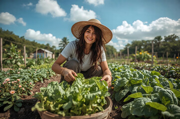A woman is harvesting fresh lettuce in her garden.