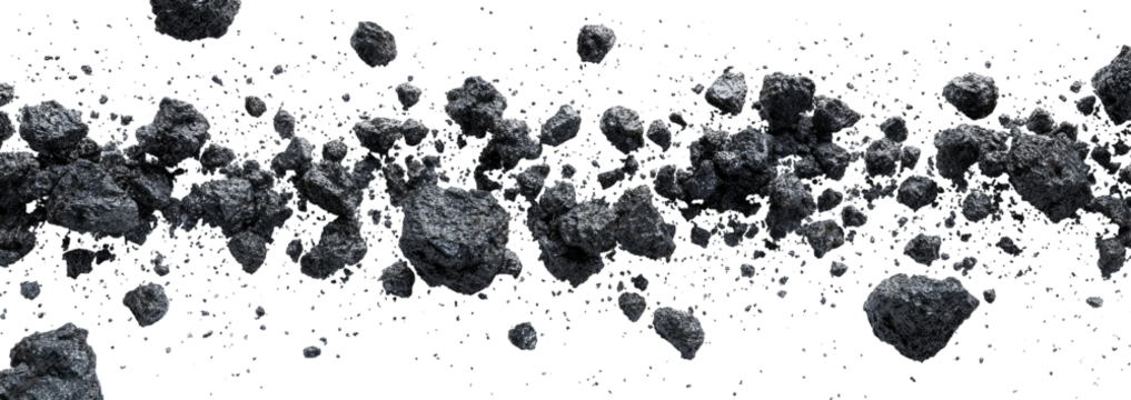 Asteroid field, many space rocks scattered across dark void
