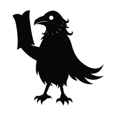 Black silhouette of a raven holding a scroll