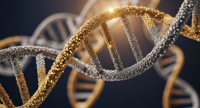 Golden and silver DNA helixes intertwine