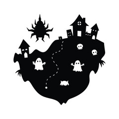 Spooky halloween island silhouette with ghosts and haunted houses