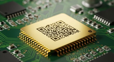 Golden processor chip with QR code on a circuit board