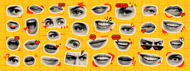 Halftone style collage of human eyes and mouth expressions with pixel icons on an orange grid background for social media.