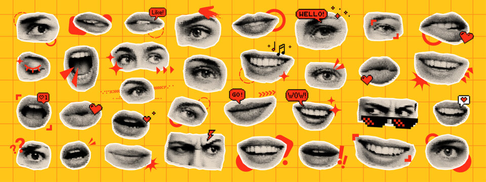 Halftone style collage of human eyes and mouth expressions with pixel icons on an orange grid background for social media.