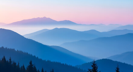 Obraz premium Serene mountain range landscape at dawn with layers of blue hills fading into the distance, illuminated by a soft pink and blue sky.