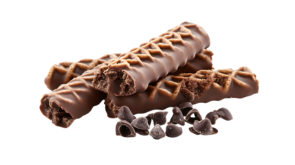 Three chocolate bars with chocolate chips on top. The chocolate bars are cut in half and the chocolate chips are scattered around them