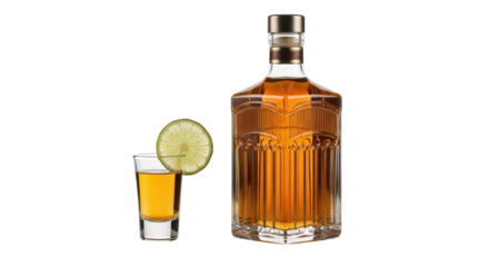 Isolated Bottle of Whiskey with Shot Glass