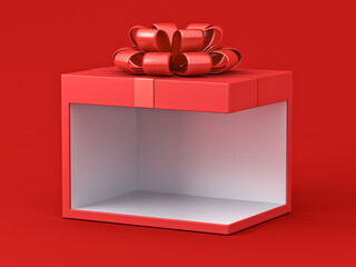 Blank exhibition booth product display gift box stand mockup with red ribbon bow isolated on dark red background with shadow minimal modern creative unique idea concepts 3D rendering