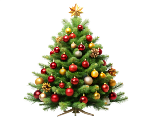 A decorated christmas tree with red and gold ornaments, isolated on transparent background