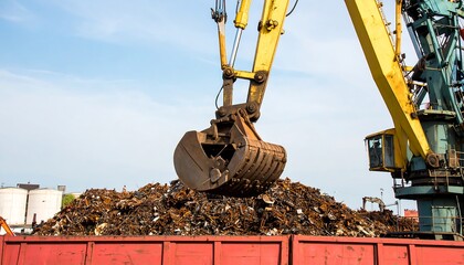 Heavy Machinery Loading Scrap Metal into a Red Truck at a Recycling Facility
