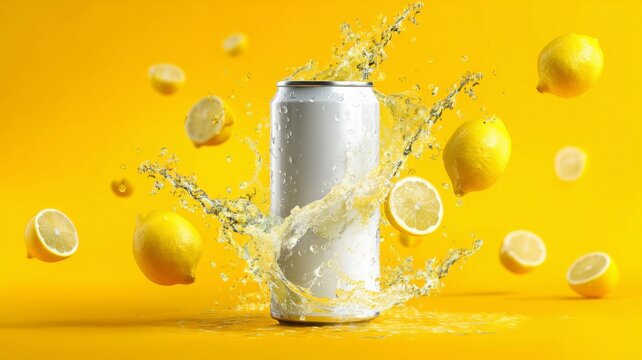 Commercial photography of a white can with a lemon-flavored drink