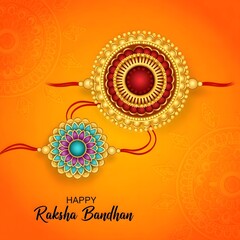 Two decorative rakhi bands displayed on a vibrant orange background for raksha bandhan celebration