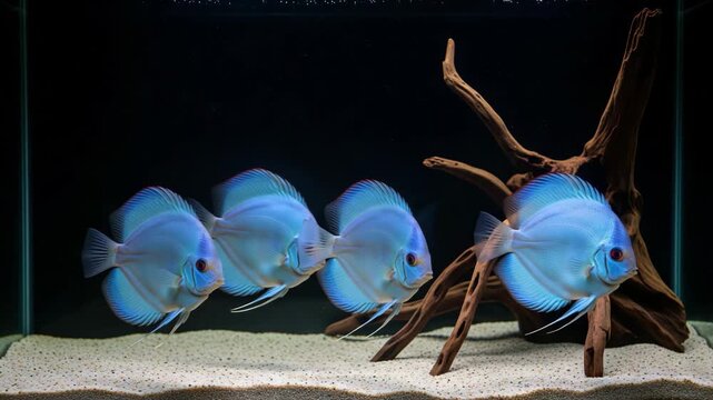 Gorgeous Blue Diamond Discus swim peacefully in a beautifully designed aquarium. Ideal for demonstrating the tranquility and beauty of the underwater world.