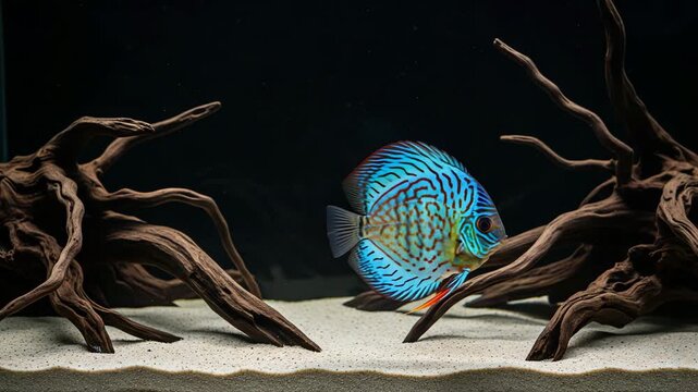 A graceful discus with a bright pattern swims in an aquarium surrounded by natural driftwood. A great shot for aquarium lovers. Ideal for videos about nature, aquarium keeping, hobbies and recreation.