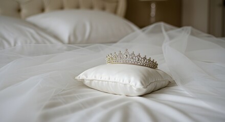 A bridal's tiara and veil on a bed isolated on white background.