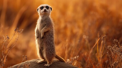 Fototapeta premium A curious meerkat stands alert on a rock against a warm, golden background.