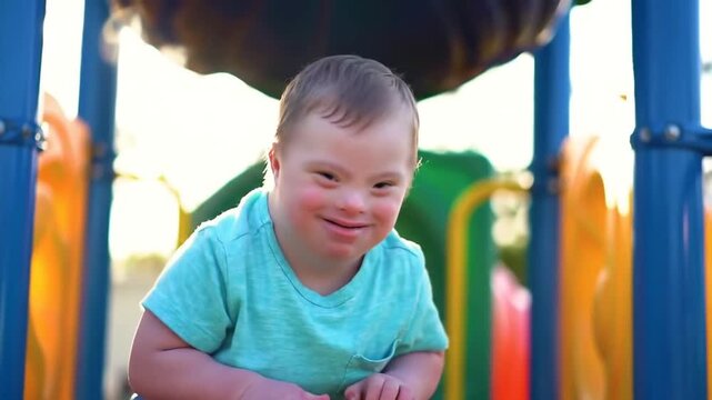 Joyful Boy with Down Syndrome Laughing and Playing on Colorful Playground Equipment.