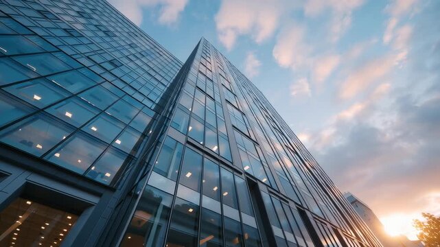 Modern glass skyscraper reaching for the cloudy sunset sky