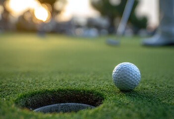 Close-up of a golf ball near the hole on green grass, with a player in the background Golf sport concept with copy space for text Generative AI
