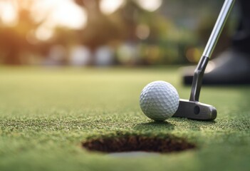 Fototapeta premium Golf ball close up on green, putting hole in the background A person playing golf, a sports concept Close-up shot of the putter about to hit the ball into a miniature cup without a flag Generative AI