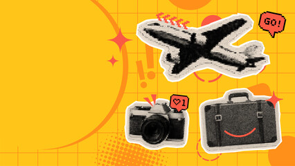 Halftone style collage with travel symbols including airplane, camera, and suitcase. Adventure and holiday concept for web. © hiten666